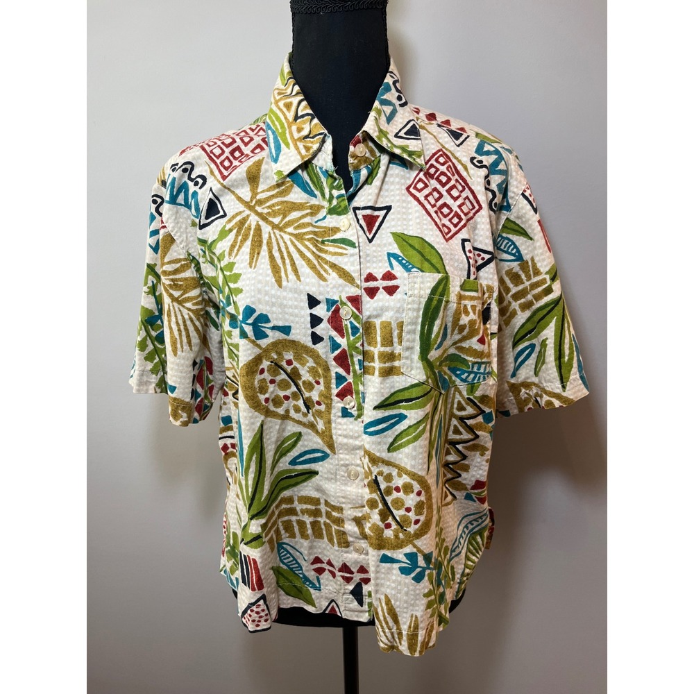Sara Studio Abstract‎ Tropical Camp Shirt Button Up Top L Cotton Y2K Resort Wear